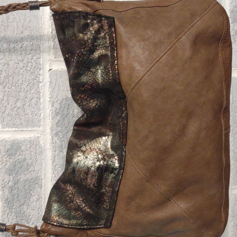 Tylie Malibu Women's Tan Leather Bag with Iridescent Reptile Print Magnetic Flap - Picture 7 of 15